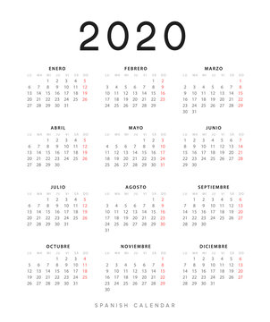 Calendar for 2020 year. Week starts on Monday. planner for 12 months. Vector calender in Spanish