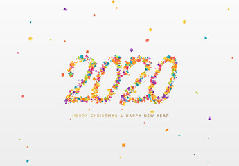 2020 New Year. Text of shiny colorful confetti, tinsel sparkles with bright serpentine. Numbers multicolored