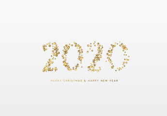 2020 New Year. Text of shiny golden confetti, tinsel sparkles with bright stars. Numbers gold