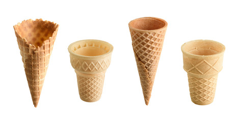 Collection of empty ice cream cones isolated on white background