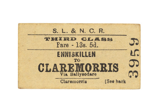 Fahrkarte Zug Irland Vintage Train Tickets Ireland alt old retro 3959 enniskillen claremorris ballysodare claremorris dritte klasse third class beige
