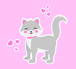 Cute little cat baby clip art smiling animal. funny kitten and hearts sticker. Vector illustration