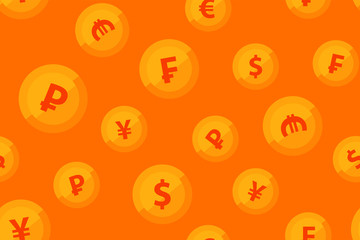 Vector background orange color with golden coins of popular currencies. Seamless pattern with looped texture for web design, banners and textile.