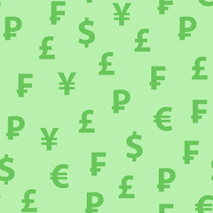 Vector background green color with symbols of popular currencies. Seamless pattern with looped texture for web design, banners and textile.