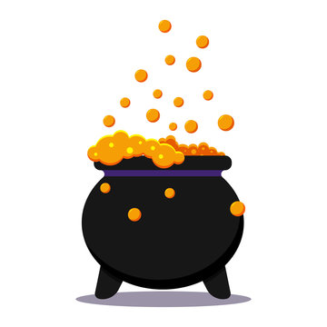 Halloween witches black cauldron with poison potion isolated on white background. Icon image of magical boiling and bubbling pot. Flat cartoon style vector illustration.