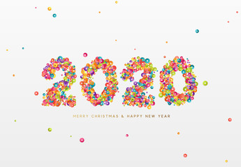 2020 New Year. Text of shiny colorful confetti, tinsel sparkles with bright serpentine. Numbers multicolored