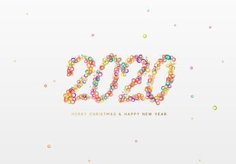 2020 New Year. Text of shiny colorful confetti, tinsel sparkles with bright serpentine. Numbers multicolored