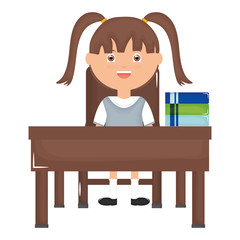 cute little student girl with textbooks in schooldesk