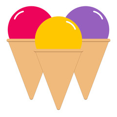Three ice cream cones. Frozen desserts, treats, sweets in a waffle cone. Vector illustration isolated.