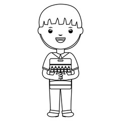 cute little student boy with colors pencils box