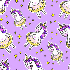 cute seamless pattern with funny unicorn and donut. endless background, vector illustration