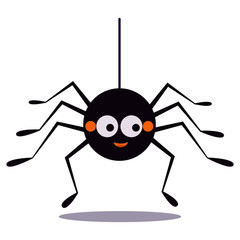 Cute smiling black spider hanging on a string of cobwebs icon isolated on white background. Animal character for the elements of designs to celebrate Halloween party. Flat design vector illustration.