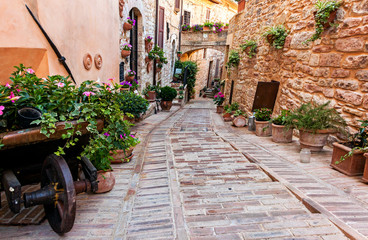 Fototapeta na wymiar Romantic floral street in Spello, medieval town in Umbria, Italy. Famous for narrow lanes and balconies and windows with flowers