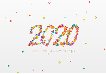 2020 New Year. Text of shiny colorful confetti, tinsel sparkles with bright serpentine. Numbers multicolored