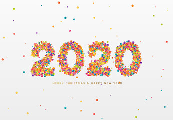 2020 New Year. Text of shiny colorful confetti, tinsel sparkles with bright serpentine. Numbers multicolored