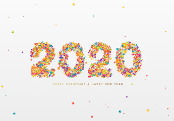 2020 New Year. Text of shiny colorful confetti, tinsel sparkles with bright serpentine. Numbers multicolored