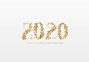 2020 New Year. Text of shiny golden confetti, tinsel sparkles with bright serpentine. Numbers gold