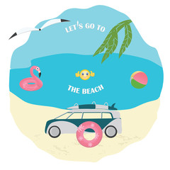 Obraz premium Inflatable swimming circle Flamingo, ball, circle, car - water, shore, gull - vector. Summer time. Travel Poster. Banner.