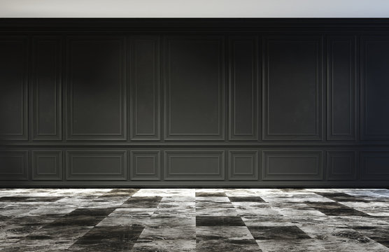 Classic empty room with marble floor and black wall. 3d illustration