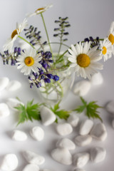 Fototapeta na wymiar Chamomile flowers are covered with white stones for spa, relaxation concept, or chamomile tea.