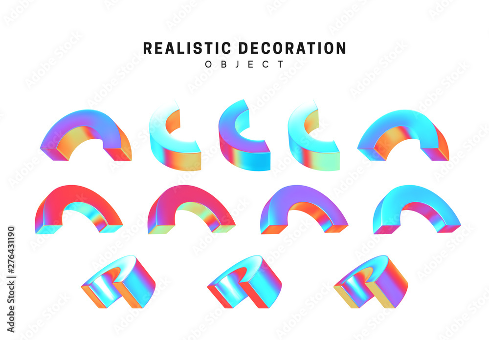 Poster set of geometric 3d objects isolated on white background. gradient hologram color shades. realistic 