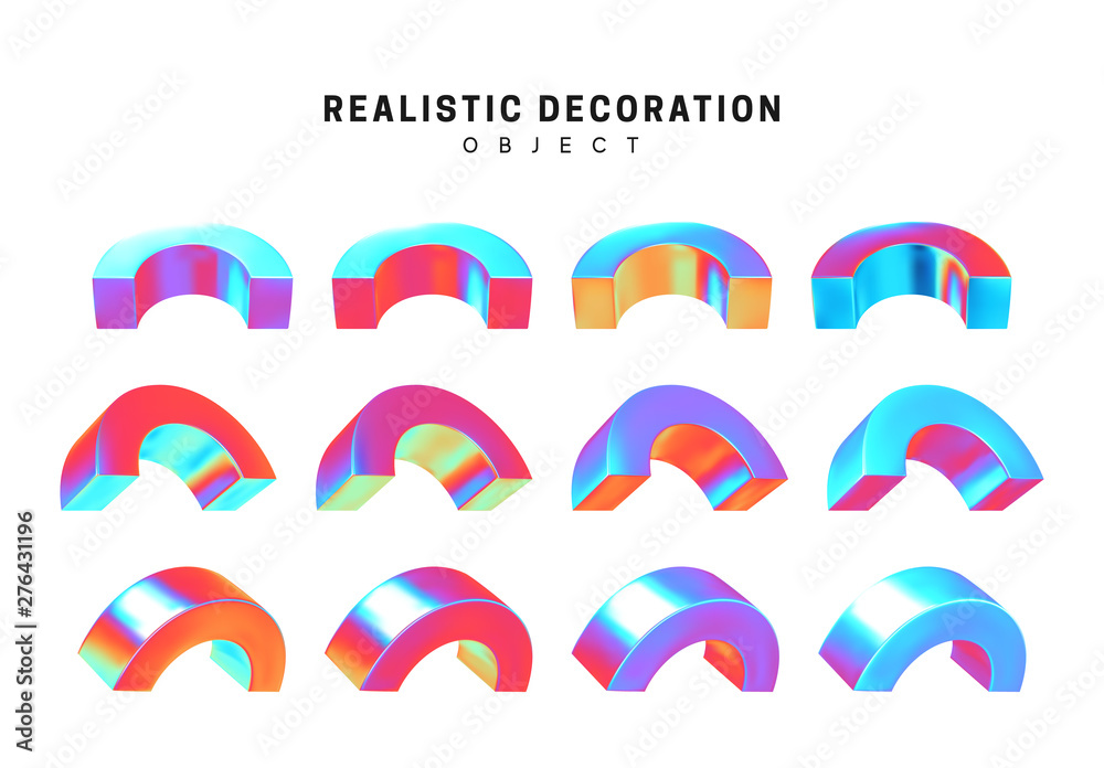 Poster set of geometric 3d objects isolated on white background. gradient hologram color shades. realistic 