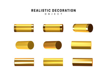 Golden geometric 3d object isolated on white background. Gold metallic geometry elements. Realistic vector illustration.