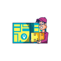 worker delivery service with box and map guide