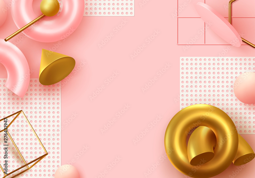 Poster Background with 3d realistic objects. Minimal abstract composition. backdrop with geometric shapes. Modern banner, web poster. Flat view from the top. Trendy Vector Design Elements. Pink and coral