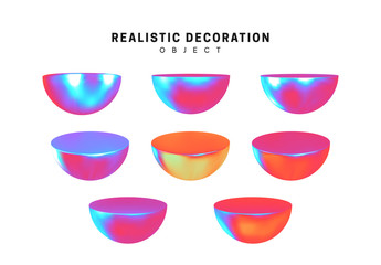 hemisphere shaped figures. set of geometric 3d objects isolated on white background. Gradient hologram color shades. Realistic elements vector