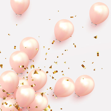 Festive background with helium balloons. Celebrate a birthday, Poster, banner happy anniversary. Realistic decorative design elements. Vector 3d object ballon, pink color.