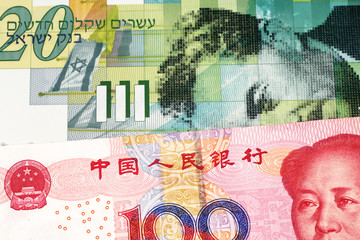 A twenty shekel note from Israel close up in macro with a red, Chinese one hundred yuan renminbi bank note
