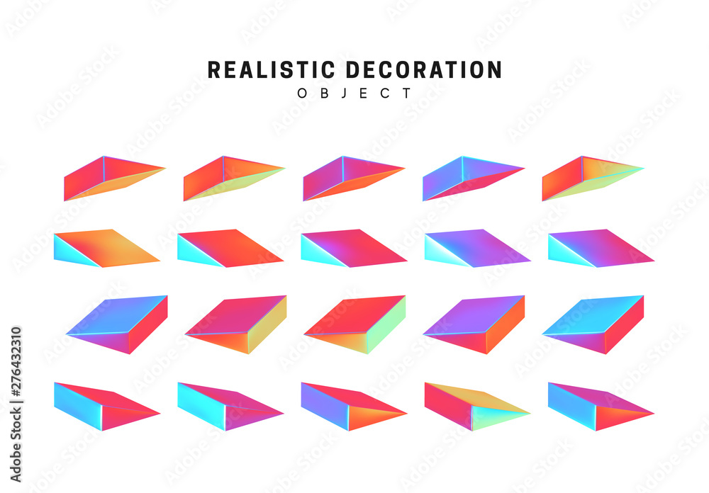 Poster set of geometric 3d objects isolated on white background. gradient hologram color shades. realistic 