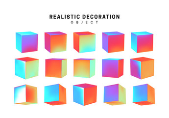 cube collection. set of geometric 3d objects isolated on white background. Gradient hologram color shades. Realistic elements vector