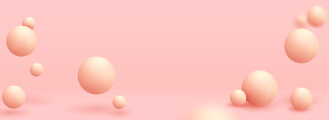 Pink spheres of balls on coral background. Realistic 3d shapes. Horizontal banner, poster, header pattern for the website. vector illustration