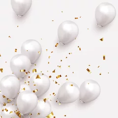Fotobehang Festive background with helium balloons. Celebrate a birthday, Poster, banner happy anniversary. Realistic decorative design elements. Vector 3d object ballon, white color. © lauritta