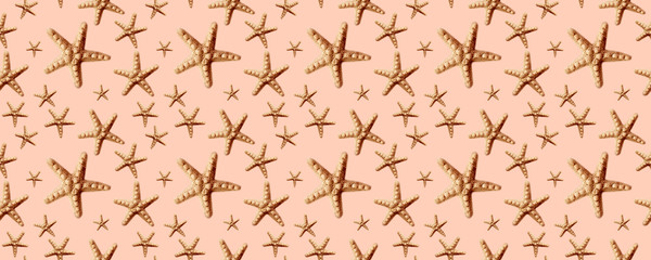 Seamless Starfish pattern on beige background. Summer time concept. Nautical pattern. 