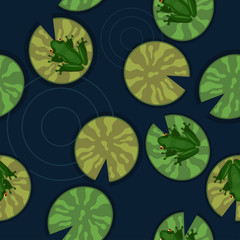 Seamless texture of frogs on lily pads on a pond. Vector illustration.