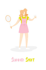 Cartoon girl in the sundress with racket and shuttlecock on white background. Cute card in trendy flat linear style. Vector summer sport banner.