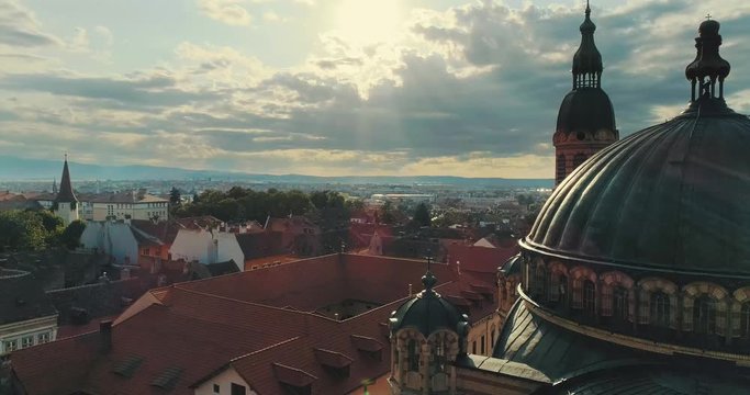 Aerial view of Sibiu, Romania. Drone shot flying over city buildings in the Old Town of Sibiu, Romania