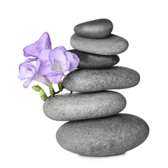 Obraz na płótnie Canvas Stack of grey spa stones and fresh flowers isolated on white