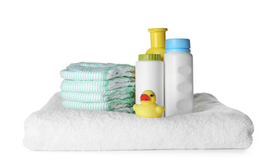 Set of different baby accessories on white background