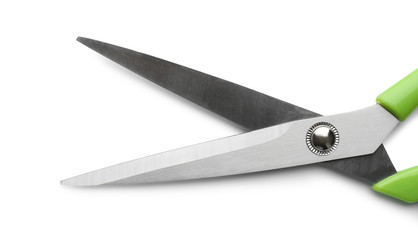 Pair of sharp scissors on white background