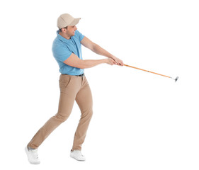 Full length portrait of man with golf club isolated on white