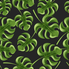 Green leaves monstera tropical plant on black background seamless pattern for print