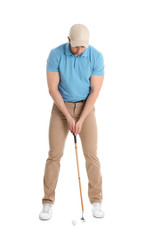 Young man with golf club and ball isolated on white