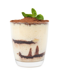 Delicious tiramisu cake in glass with mint isolated on white