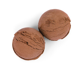 Scoops of chocolate ice cream isolated on white, top view