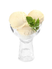Delicious vanilla ice cream with mint in dessert bowl on white background
