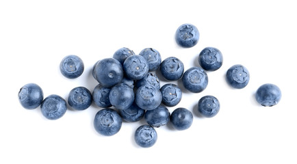 Fresh raw tasty blueberries isolated on white, top view